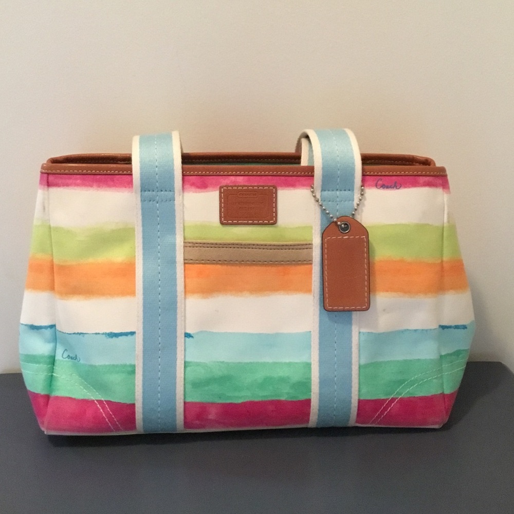 Coach Multicolor Striped Canvas Tote with Leather Trim